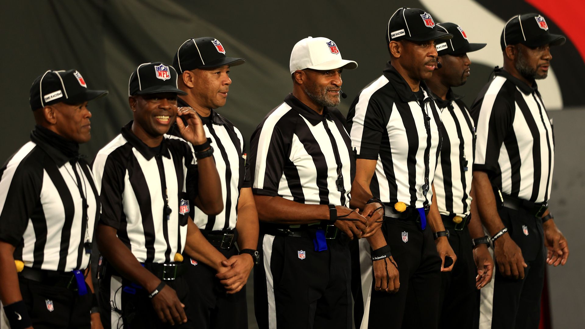 The first all-Black officiating crew works tonight’s football game between the Tampa Bay Buccaneers and the Los Angeles Rams at Raymond James Stadium on November 23, 2020 in Tampa, Florida. 