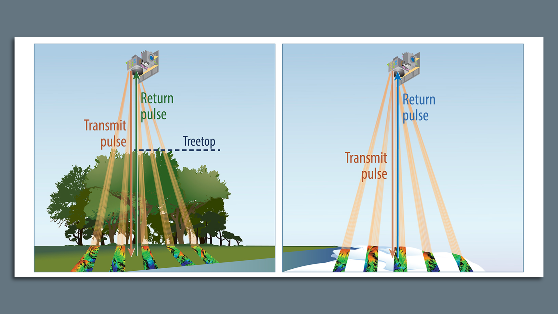 A rendering of satellites measuring trees and glaciers on Earth's surface.