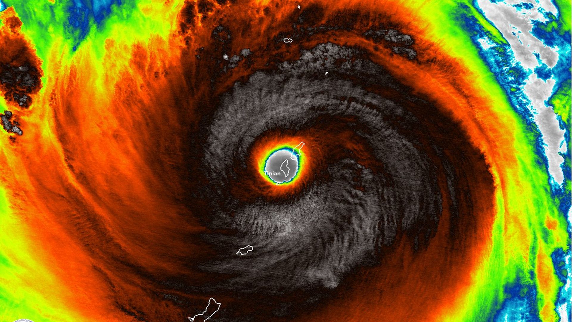 Super Typhoon Yutu swallows the island of Tinian on Oct. 24, 2018 as a strong Category 5 storm.