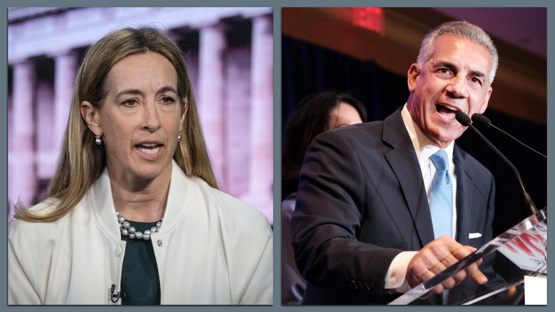 Split screen shows Rep. Mikie Sherrill (D-N.J.) on the left, and Jack Ciattarelli on the right.