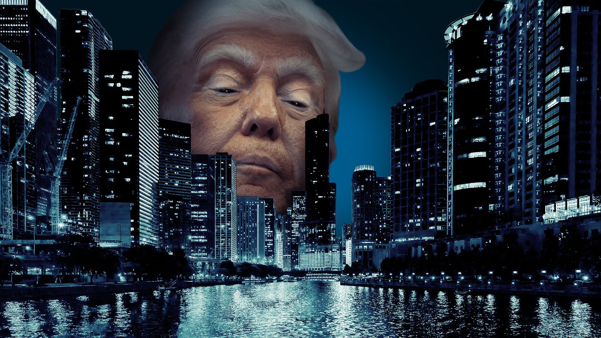 Photo illustration of Donald Trump peering over the city of Chicago. 