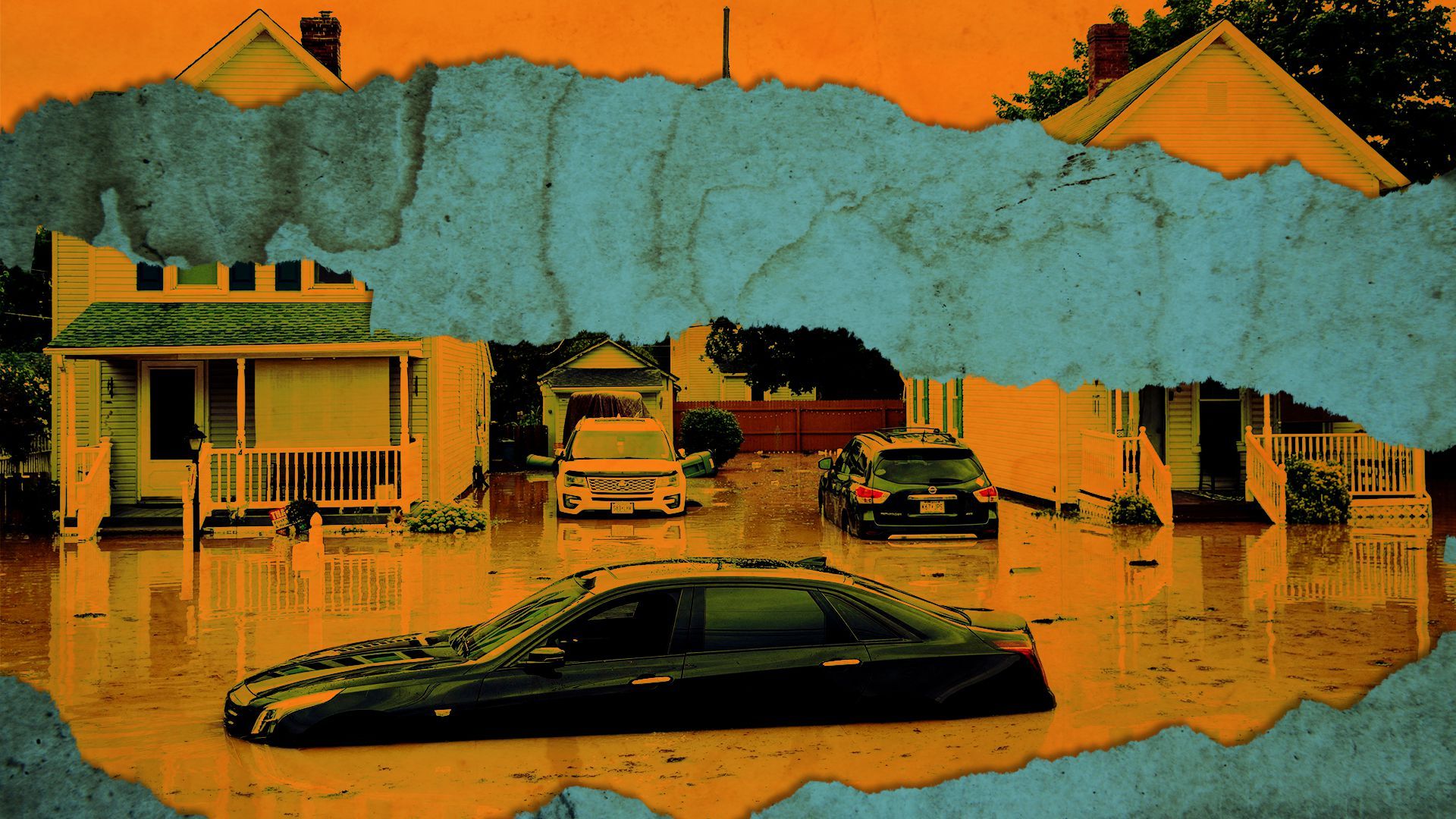 Photo illustration of cars and houses submerged in flood. 
