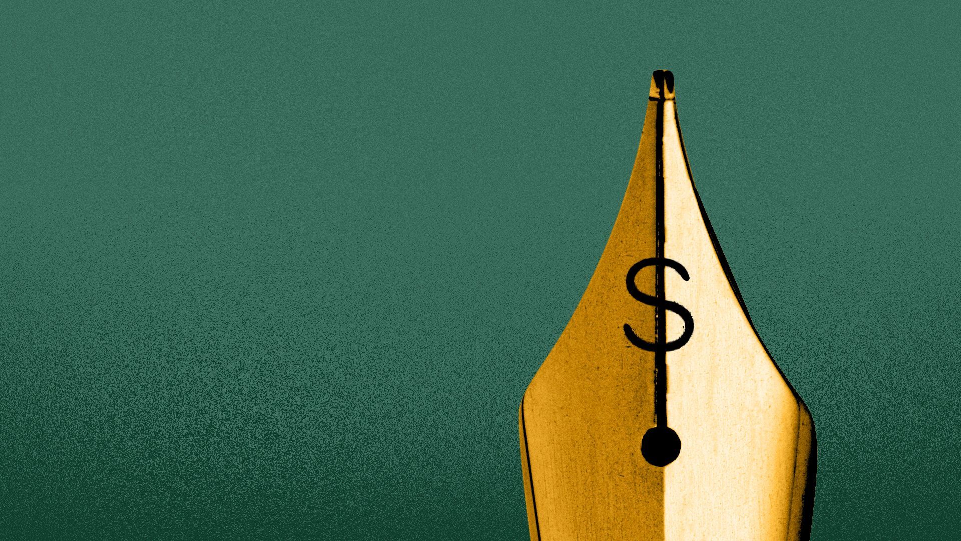 Illustration of a dollar sign etched into the tip of a fountain pen.
