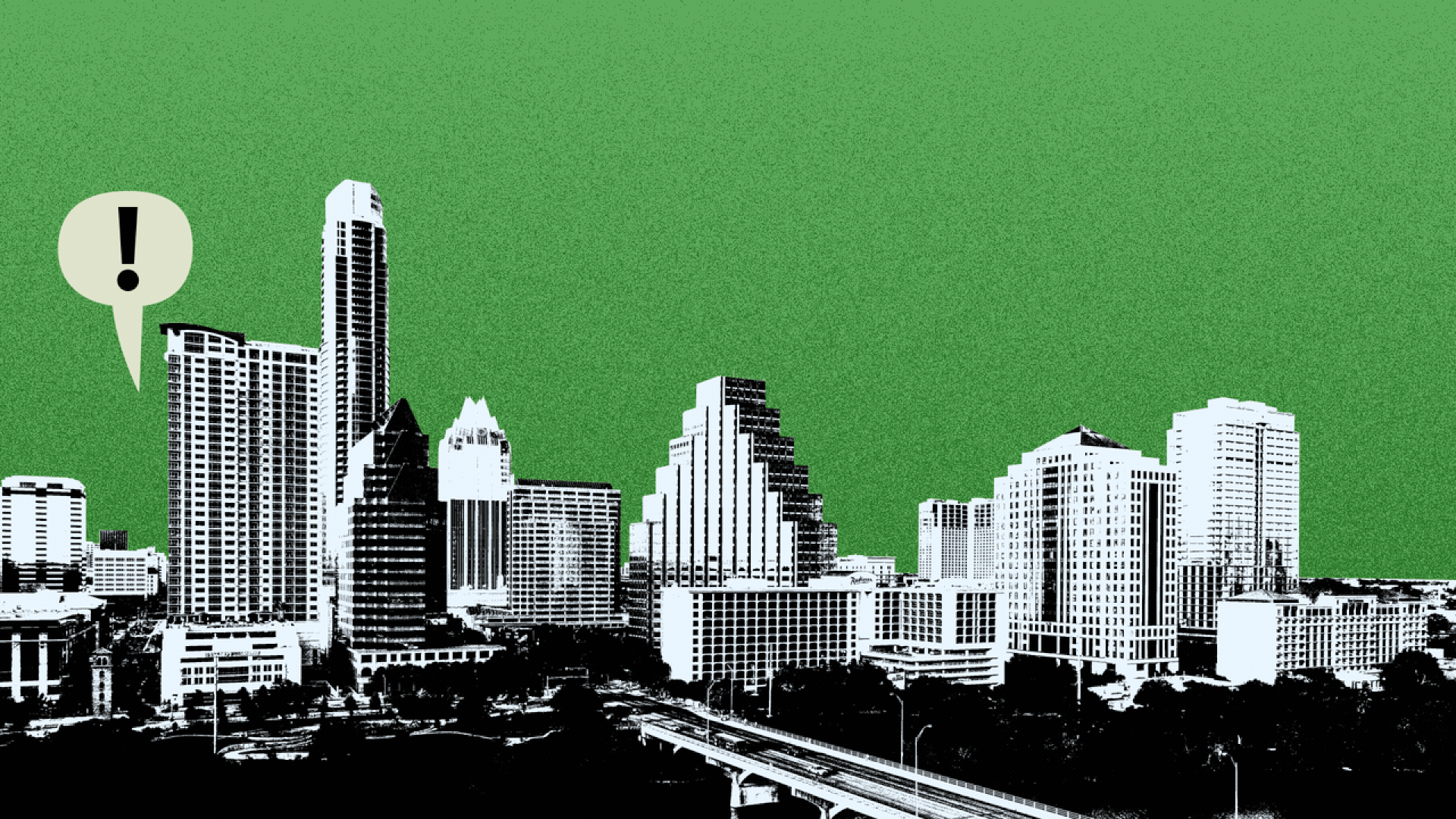 Illustration of the Austin skyline with word balloons with exclamation points popping up from left to right.