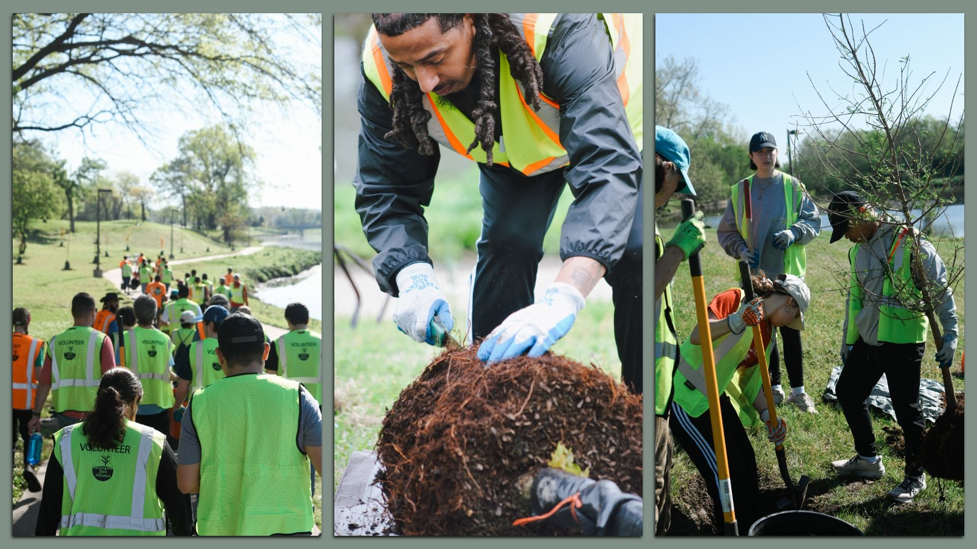Volunteers in neon safety vests walk along a park path by a river; a close-up shows gloved hands handling soil, while others plant a tree with shovels.