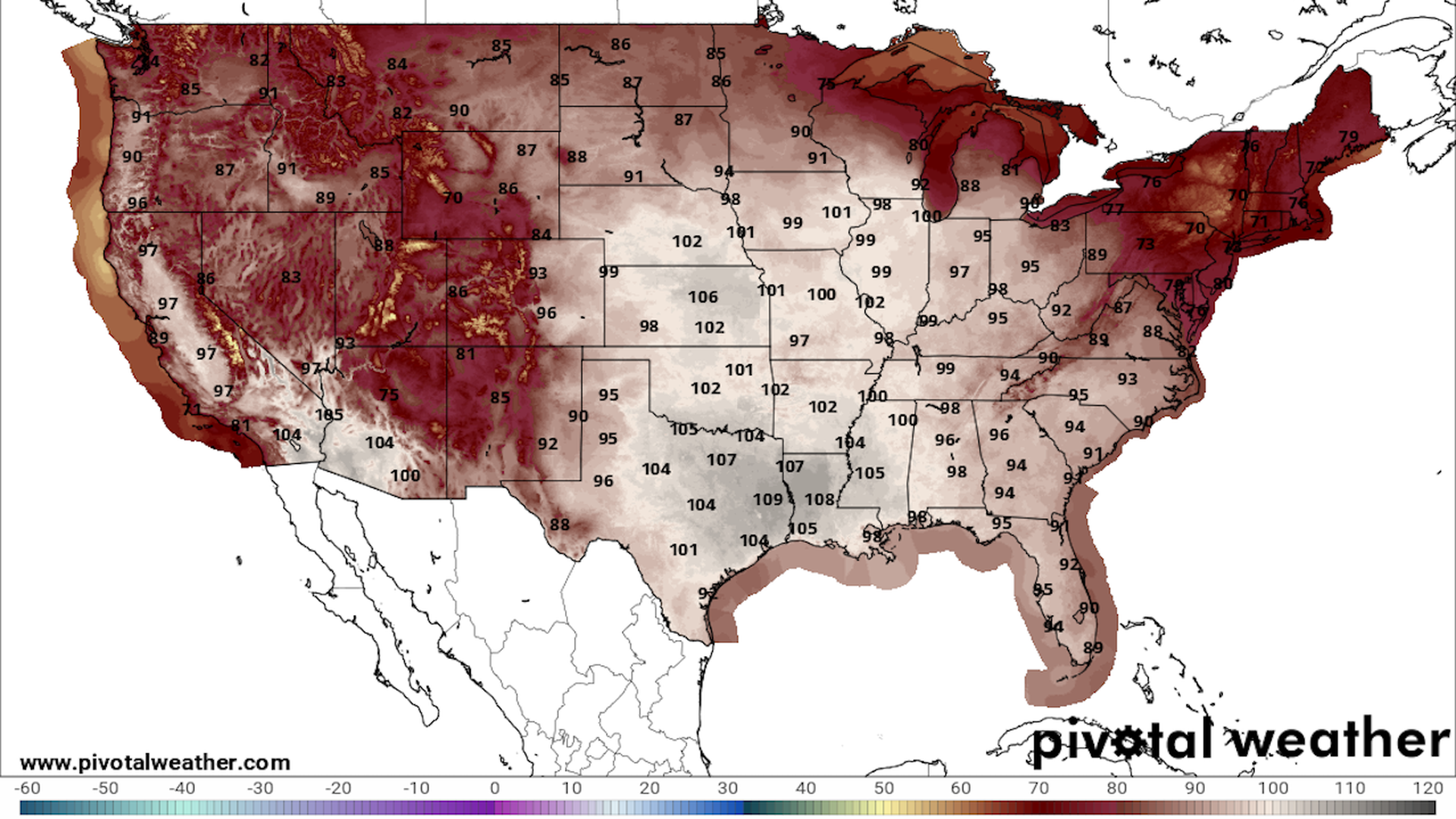 NWS forecast map for daily high temperatures on Aug. 24.