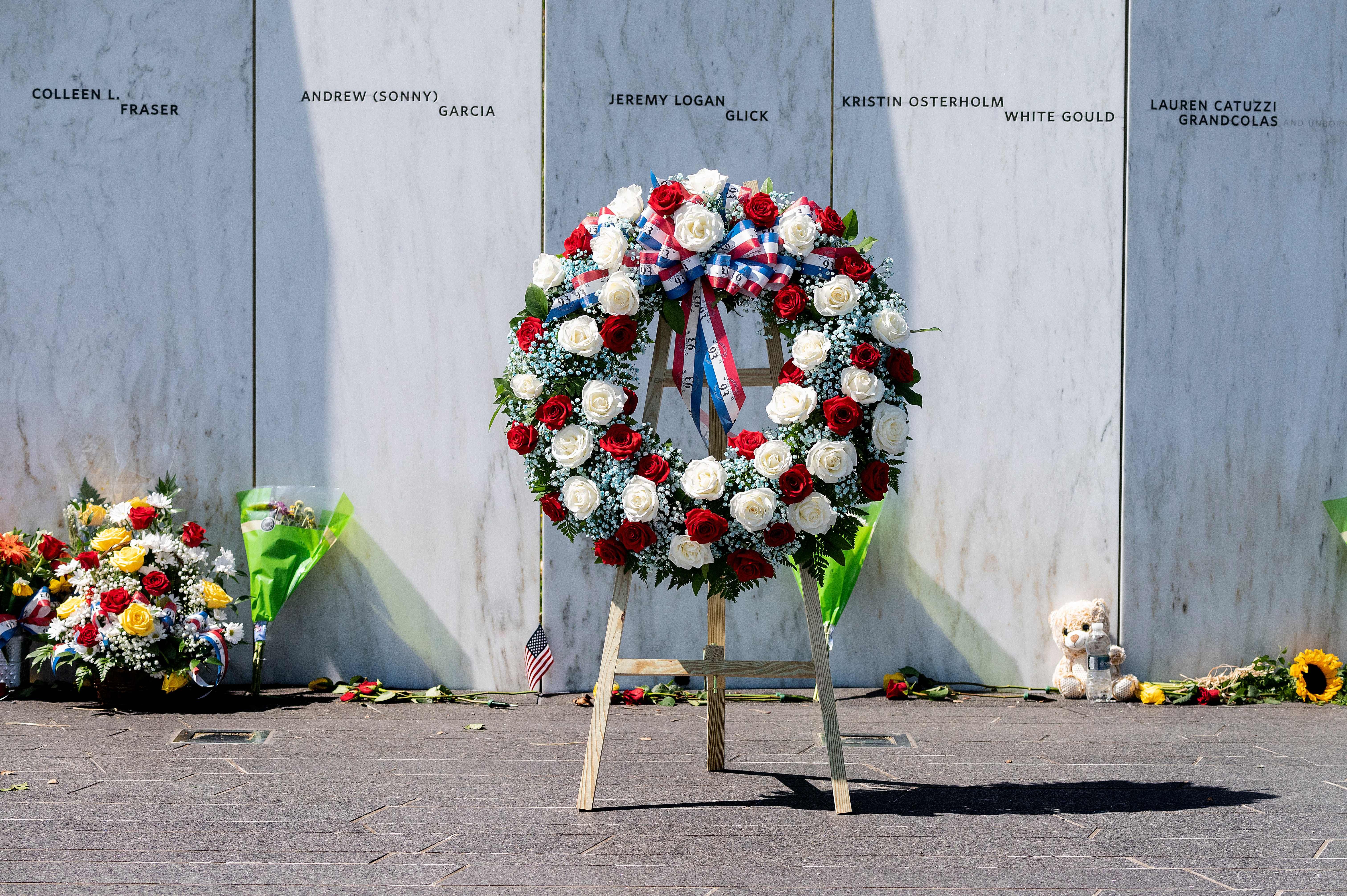 A wreath that was placed by US President Joe Biden and First Lady Jill Biden stands in Shanksville, Pennsylvania, on September 11, 2021.