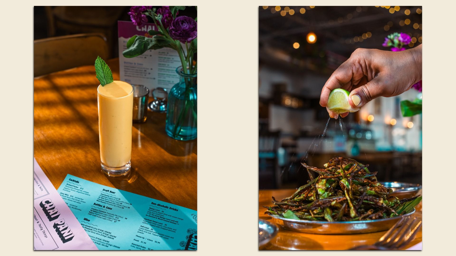 Left image shows a tall glass garnished with a green mint leaf on a wooden table with a blue menu and purple flowers in a blue vase. Right image shows a hand squeezing lime over crispy fried okra on a metal plate with string lights and purple flowers in the background.