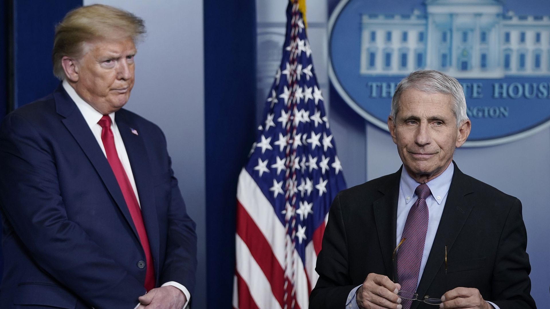  Dr. Anthony Fauci and U.S. President Donald Trump participate in the daily coronavirus task force briefing at the White House on April 22, 2020 in Washington, DC.