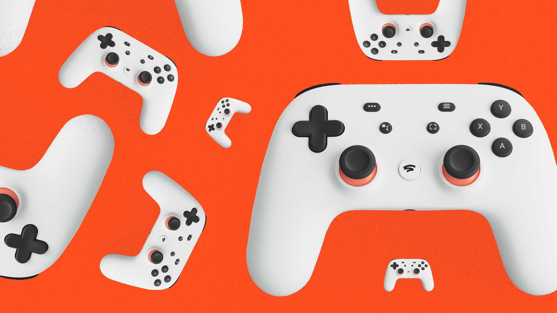 Multiple images of Google's game controller against an orange background