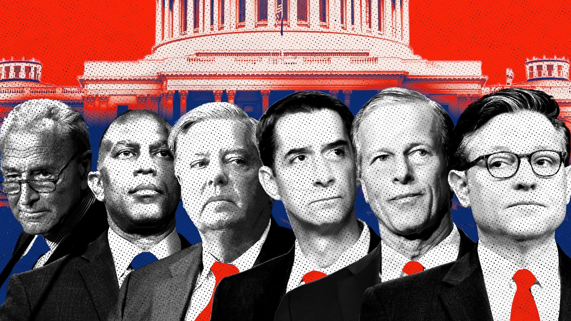 Photo illustration of Mike Johnson,  John Thune, Tom Cotton, Lindsey Graham, Chuck Schumer and Hakeem Jeffries in front of the Capital building. 