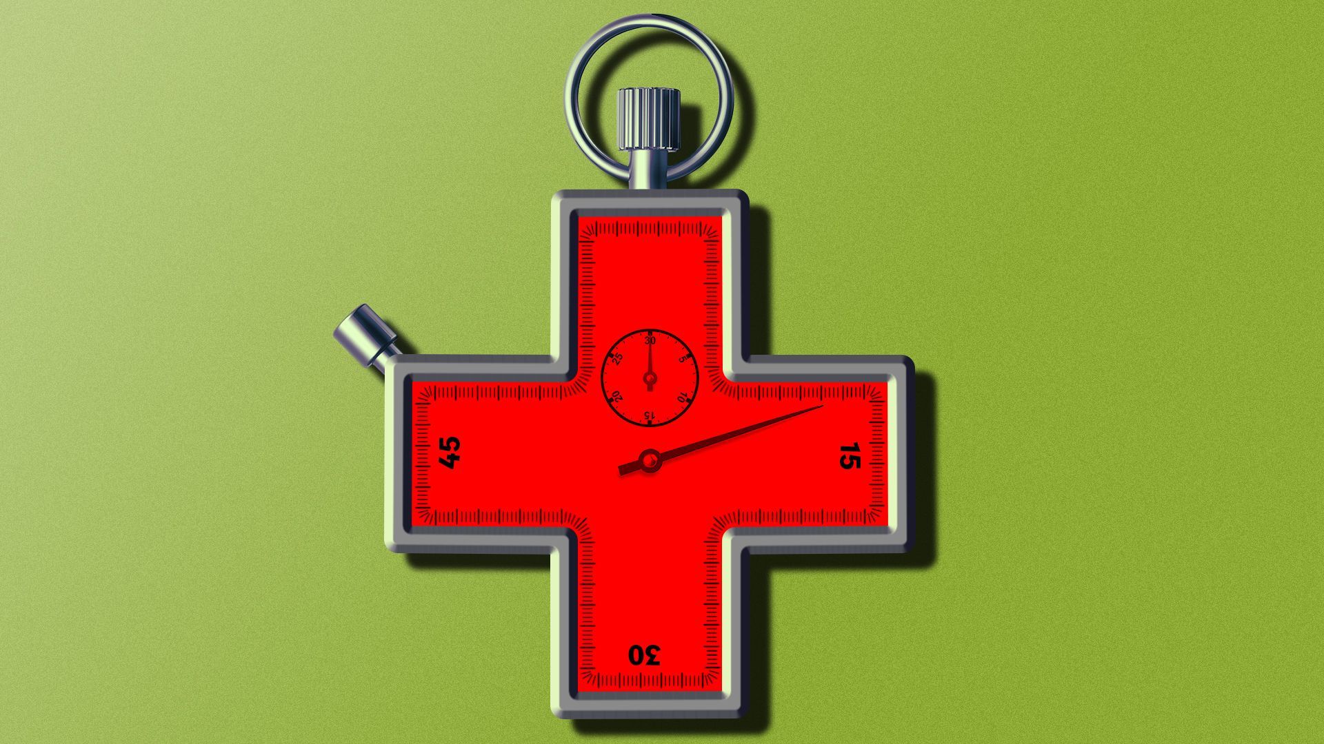 Illustration of a stopwatch shaped and colored like a red medical cross.