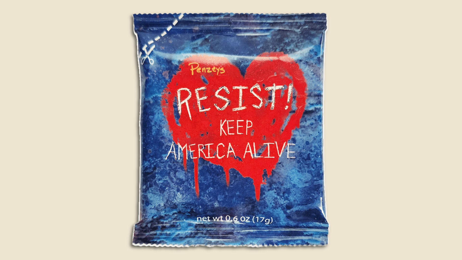 A packet of blue "Resist!" seasoning with a heart on it and the words "keep America alive"