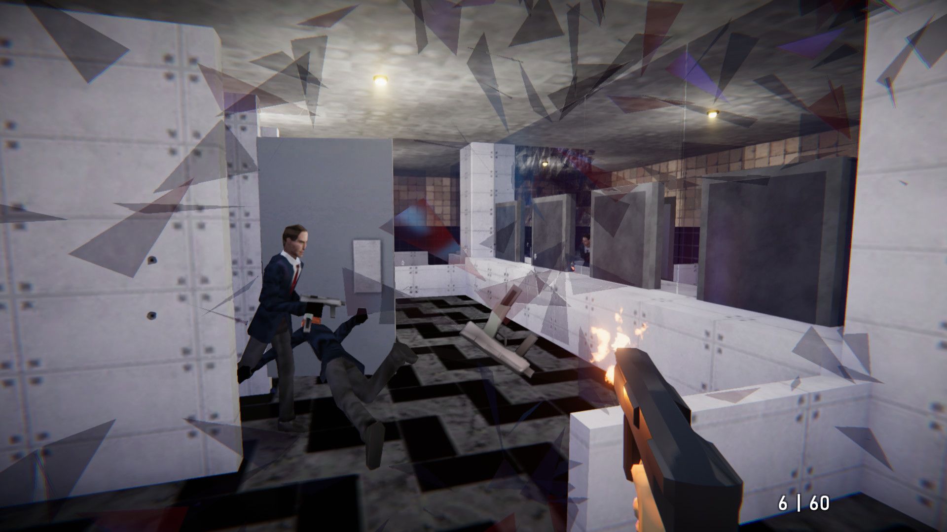 Video game screenshot of a person with a gun shooting glass. The graphics are intentionally blocky, meant to evoke late-90s graphics.