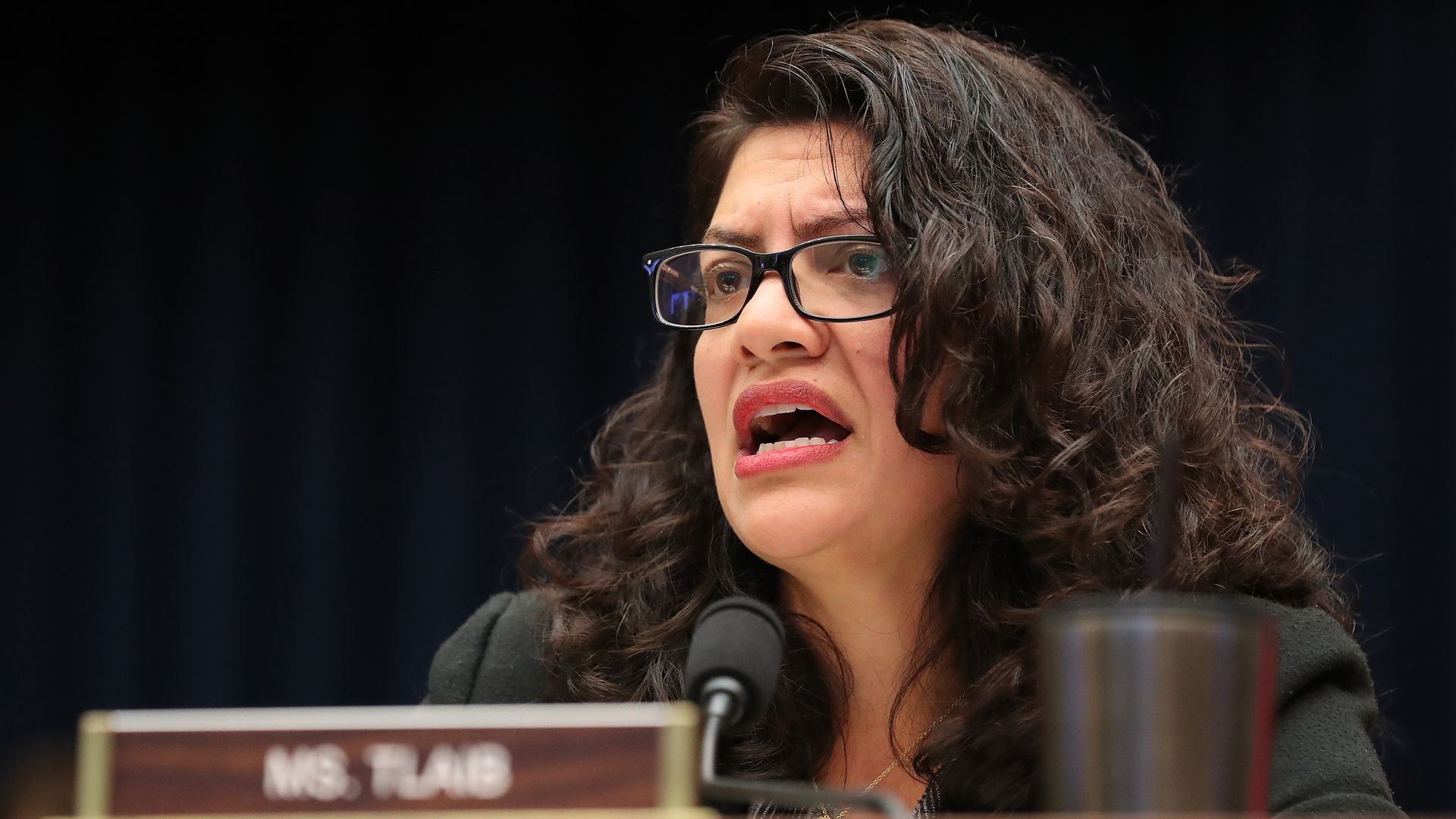 Rep. Rashida Tlaib speaking into a microphone during a congressional hearing