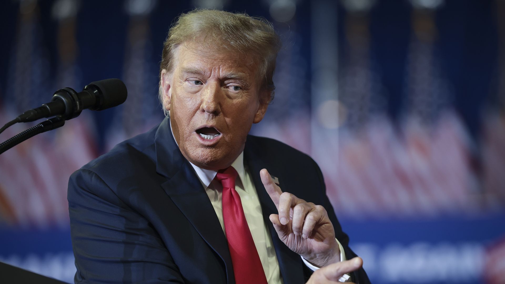 Donald Trump mocks U.S. President Joe Biden while speaking during a Get Out The Vote rally at Coastal Carolina University on February 10, 2024 in Conway, South Carolina
