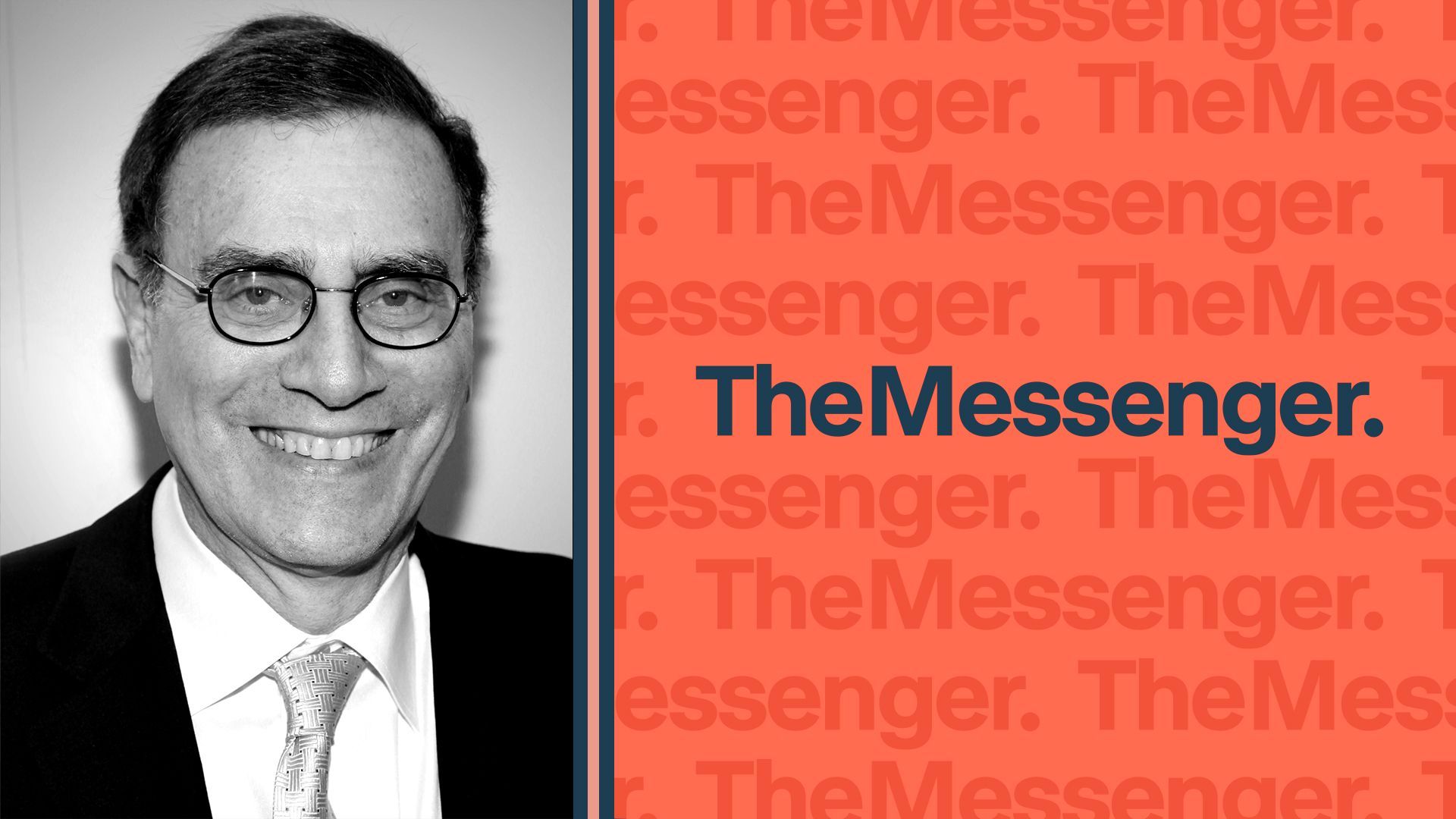 Photo illustration of Jimmy Finkelstein next to a pattern made from the logo of The Messenger.
