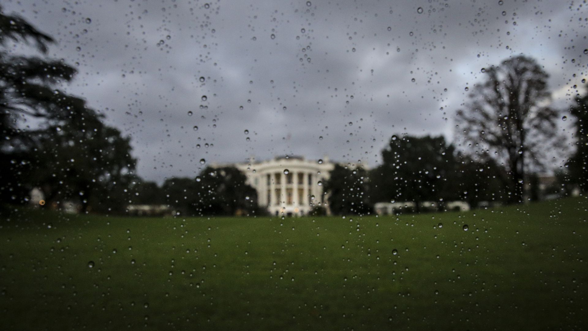 The South Lawn of the White House shown on a rainy day