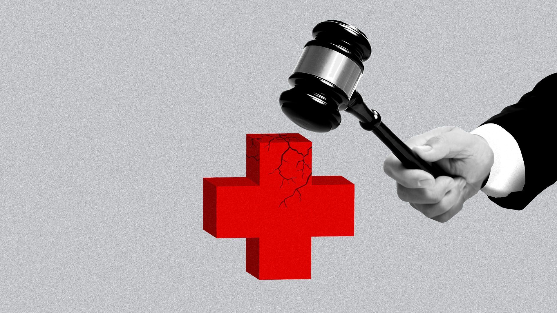 Illustration of hand with gavel breaking a red cross symbol.