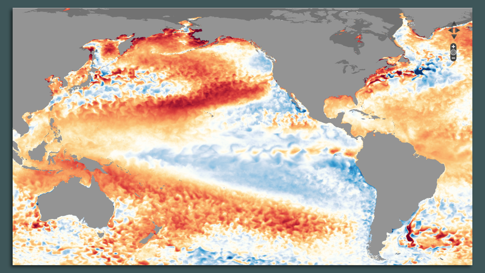 Map of sea surface temperature departures from average across the tropical Pacific Ocean.