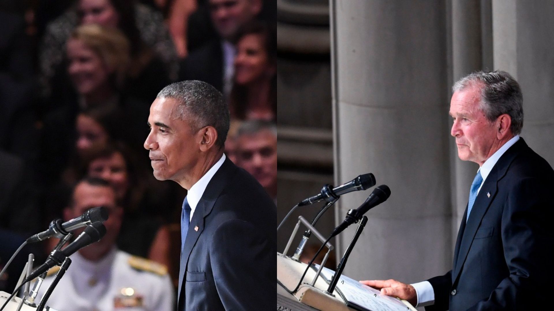 Presidents Bush and Obama speaking at the podium.