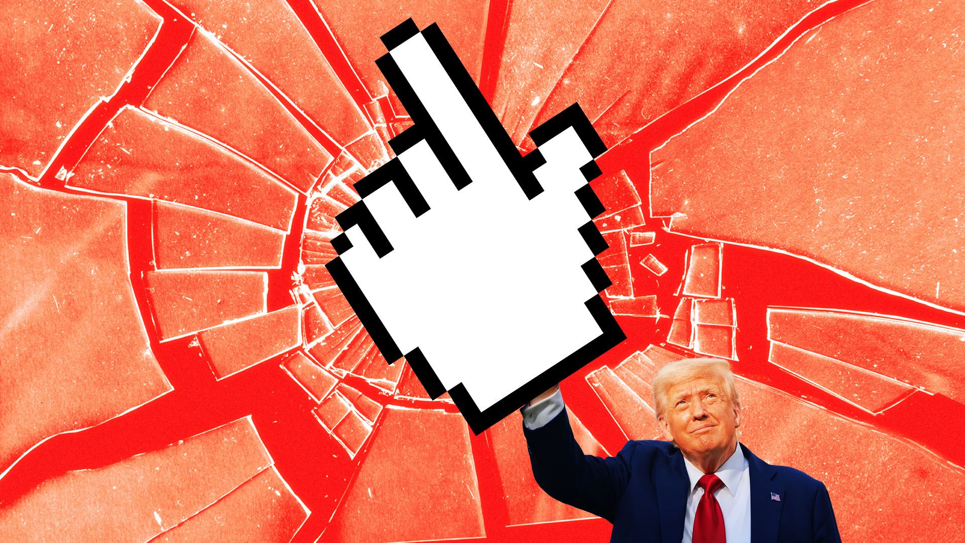 Illustration of President Donald Trump holding an oversized hand cursor like a foam sports finger on a background of broken glass