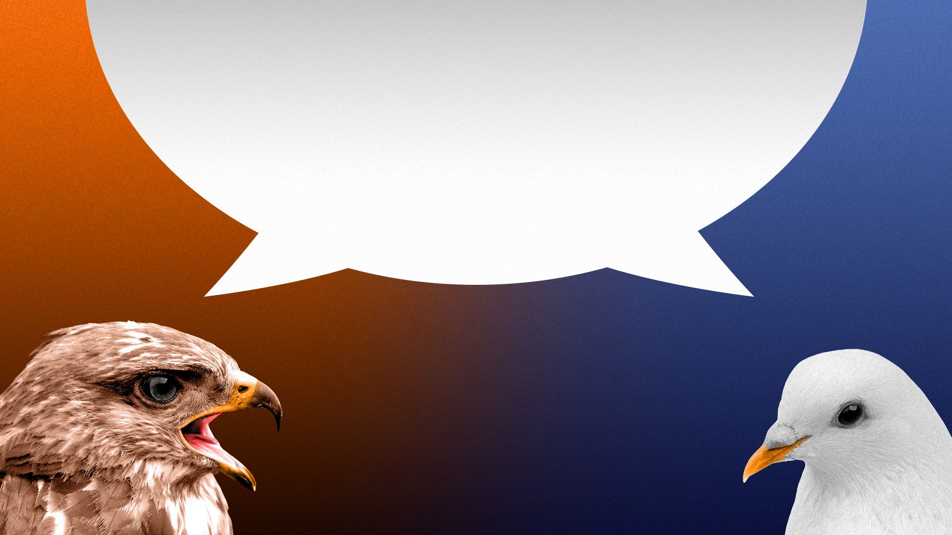 Illustration of a hawk and a dove below a speech bubble.