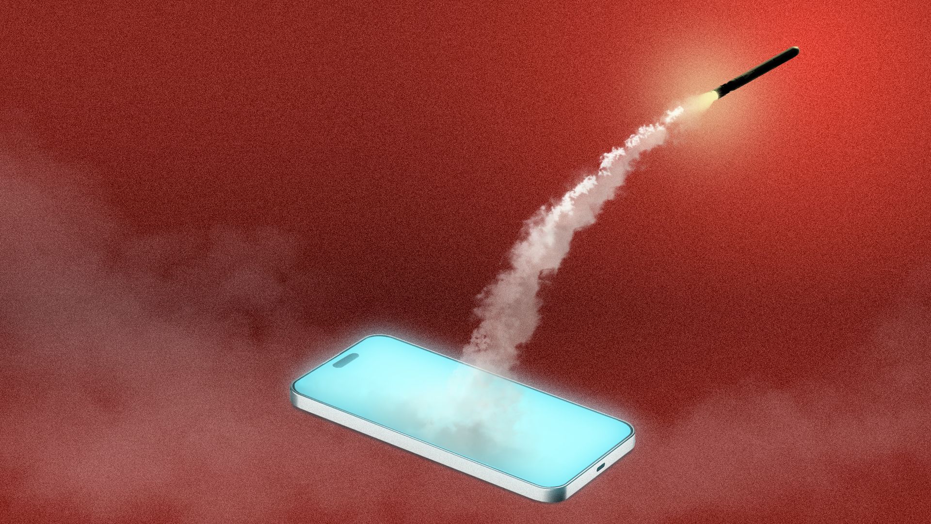Photo illustration of a Tomahawk missile flying out of a glowing smartphone.
