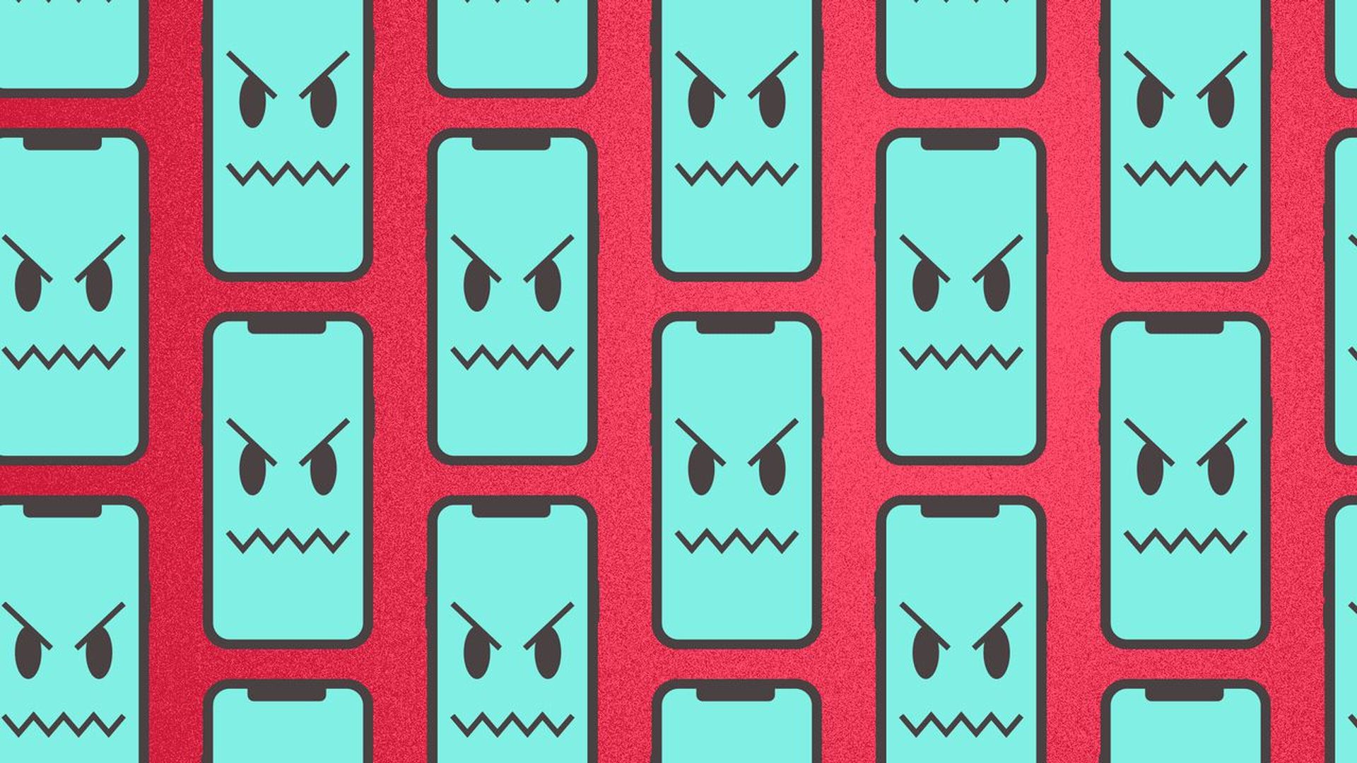 Illustration of a smartphone with an angry face multiplying into many smartphones. 