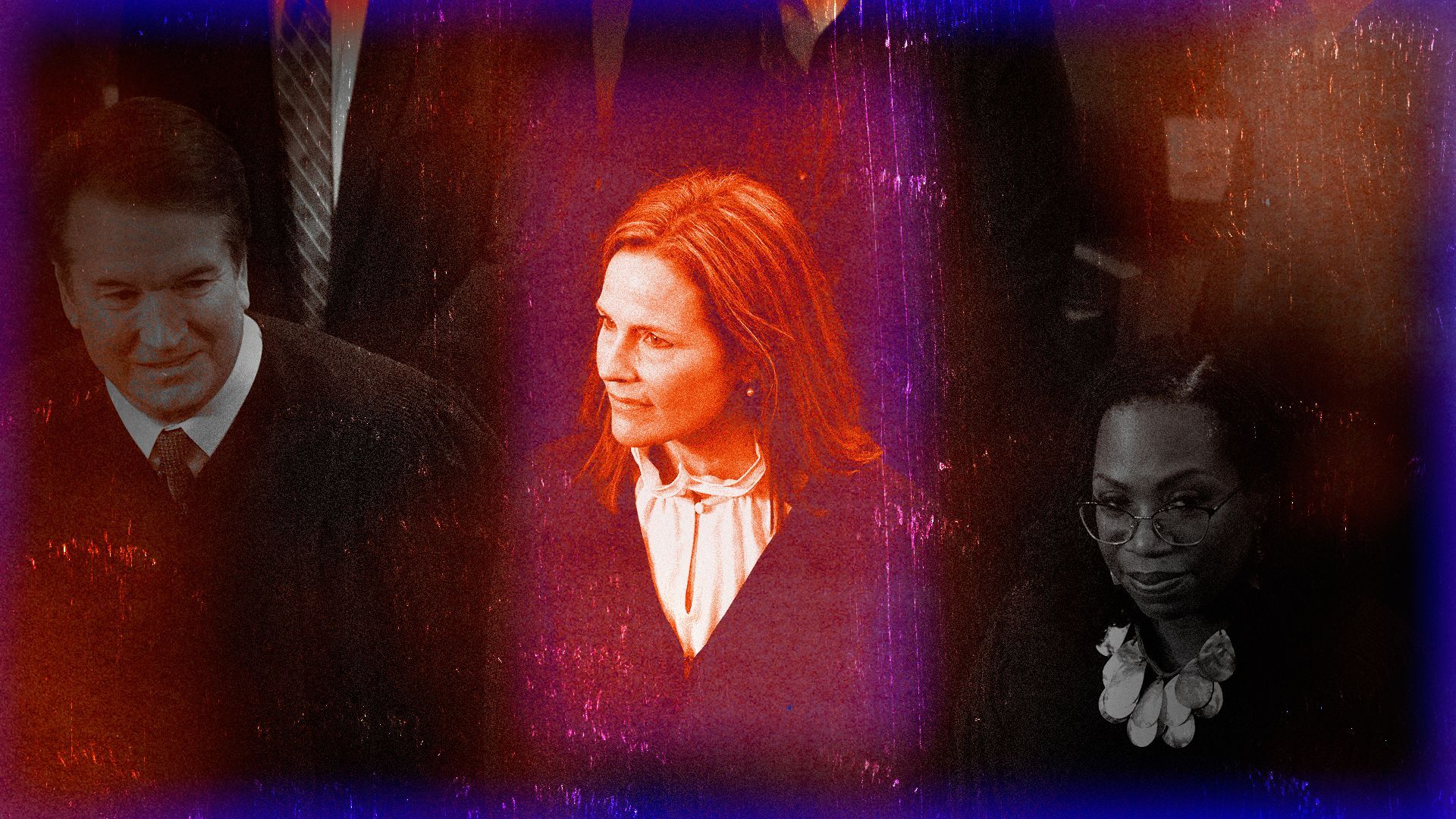 Photo illustration of Amy Coney Barrett brightly highlighted with reds and blues as she is seated between Brett Kavanaugh and Ketanji Brown Jackson.