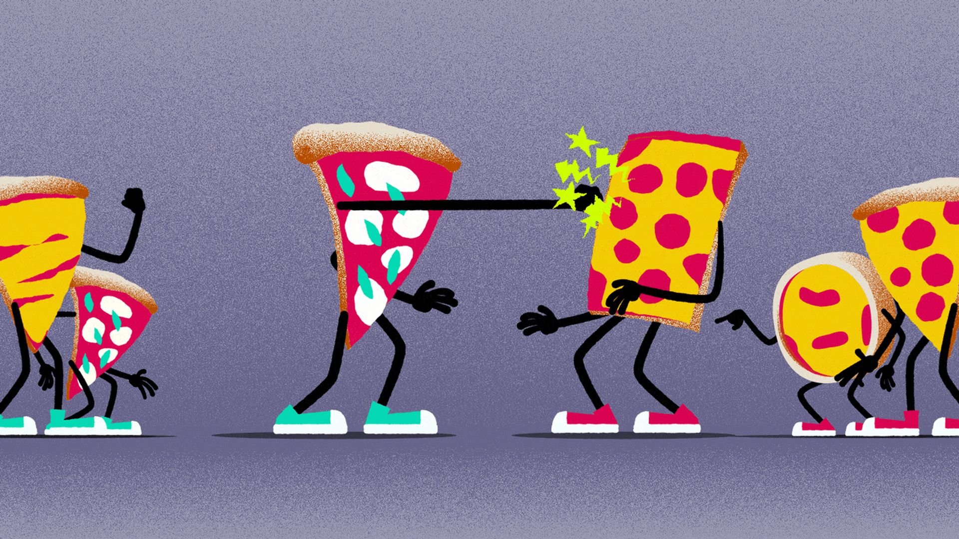 two slices of pizza fist fight each other