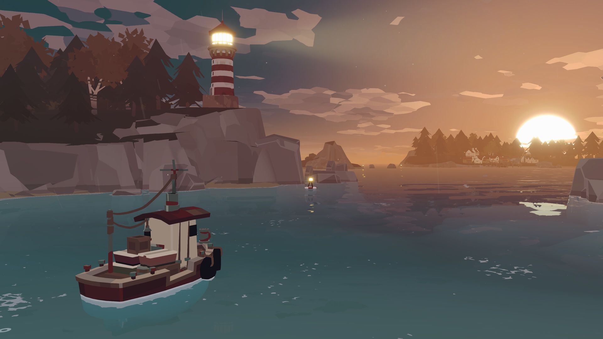 Video game screenshot of a fishing vessel in a harbor near a lighthouse