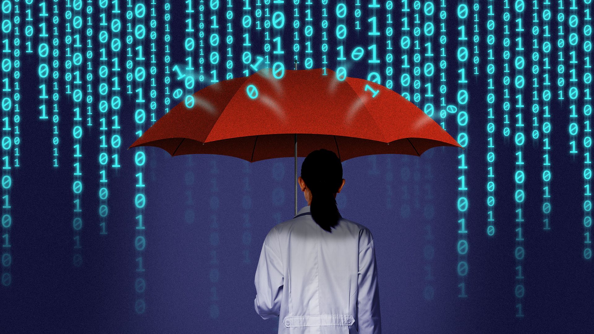Illustration of a person in a lab coat shielding herself with an umbrella from binary code rain