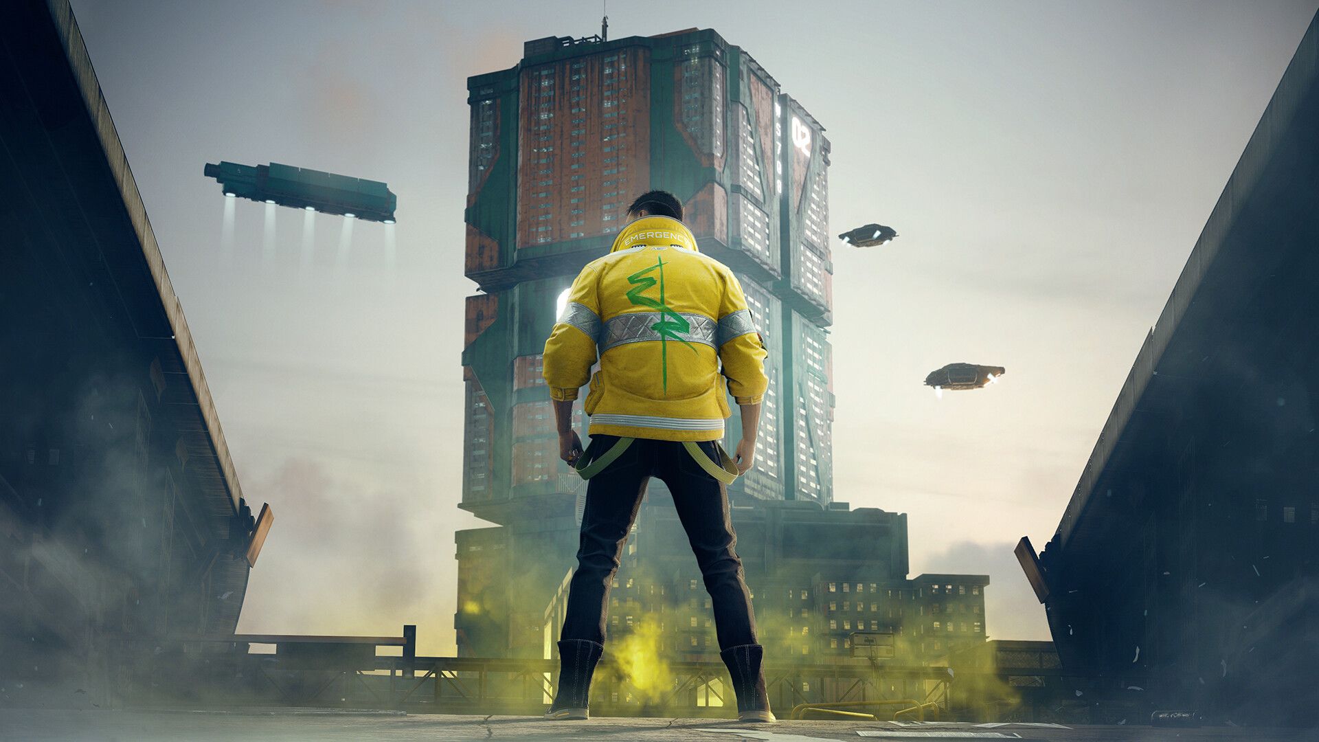 Video game screenshot of a man in a yellow jacket standing in front of a futuristic cityscape