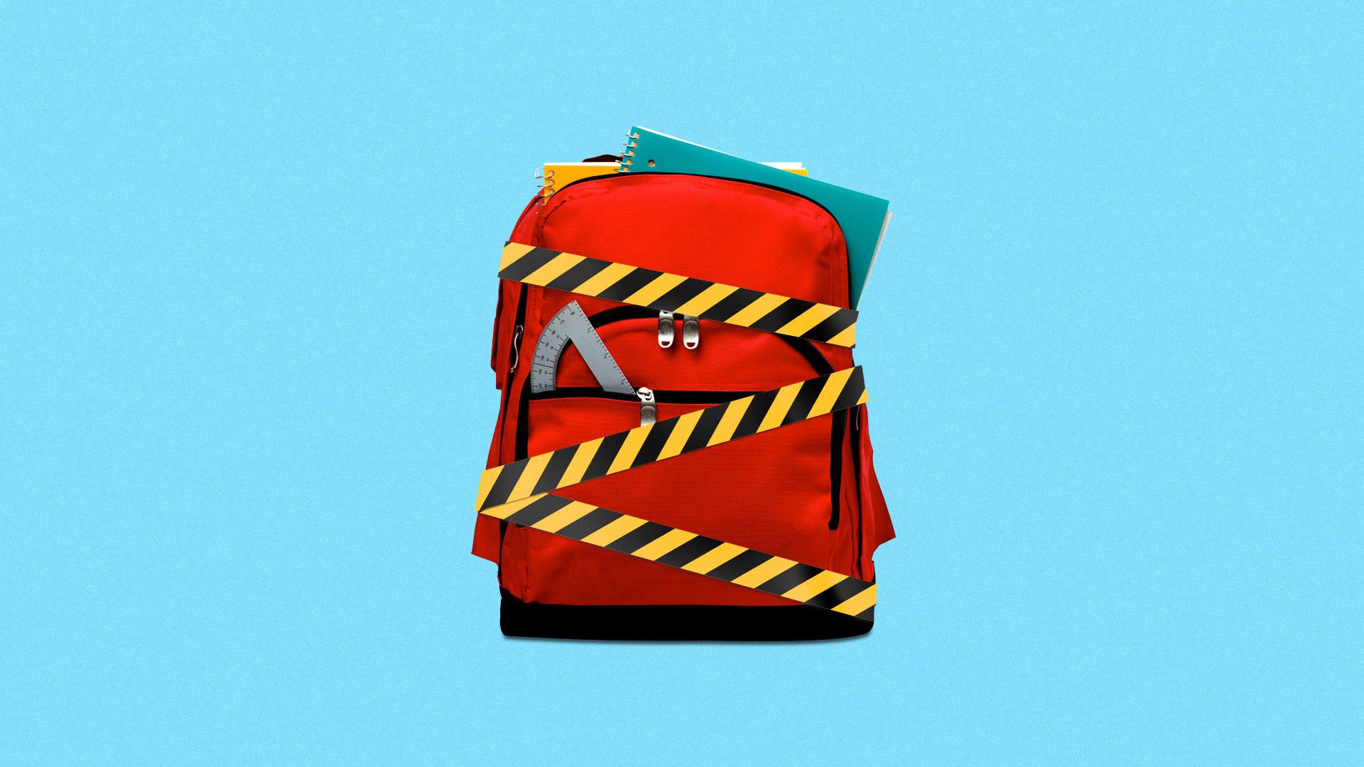 Illustration of school backpack covered with caution tape.