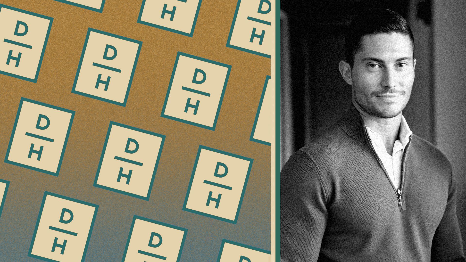 Photo illustration of Andrew Noyes with a pattern of Daily Harvest logos.