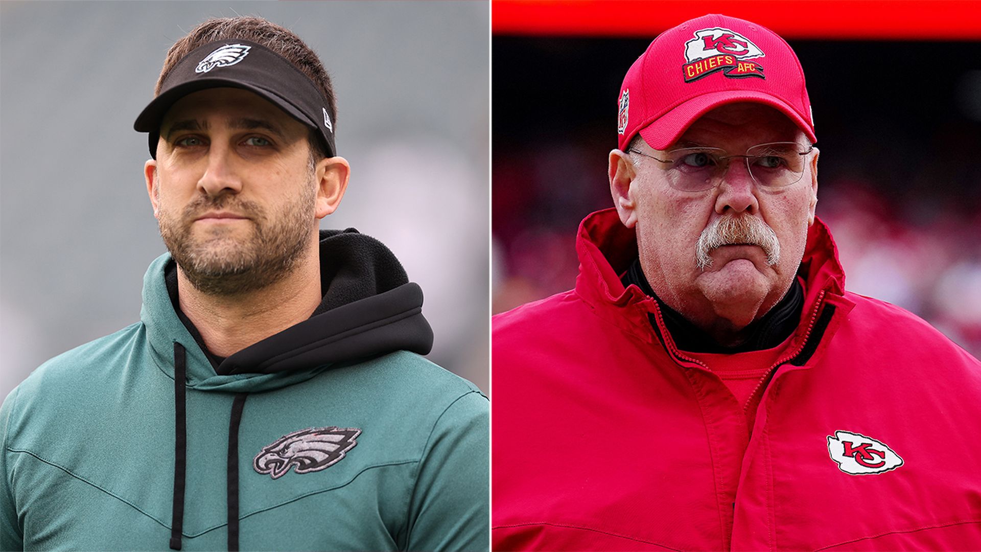 Eagles head coach Nick Sirianni; Chiefs head coach Andy Reid