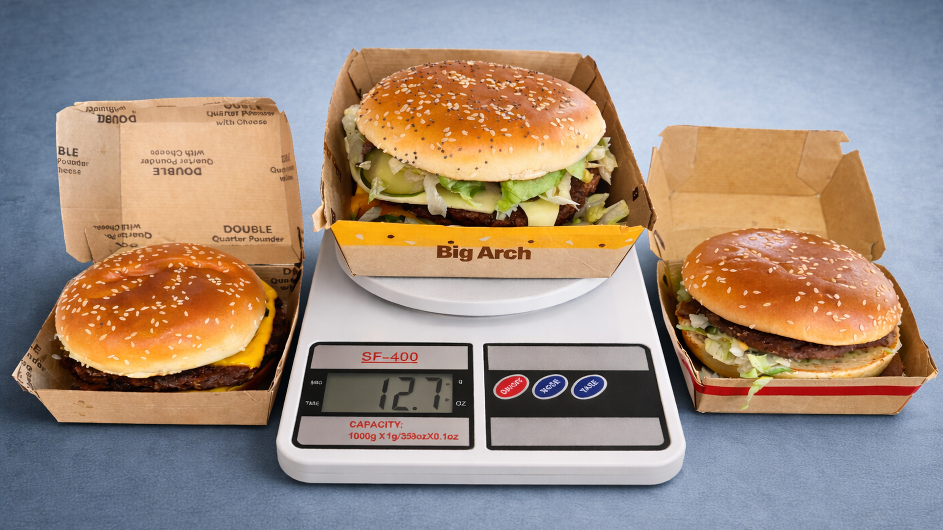 Three burgers in cardboard boxes on a blue surface, the middle one labeled "Big Arch" on a digital scale showing 12.7 oz, with sesame seed buns and lettuce visible.