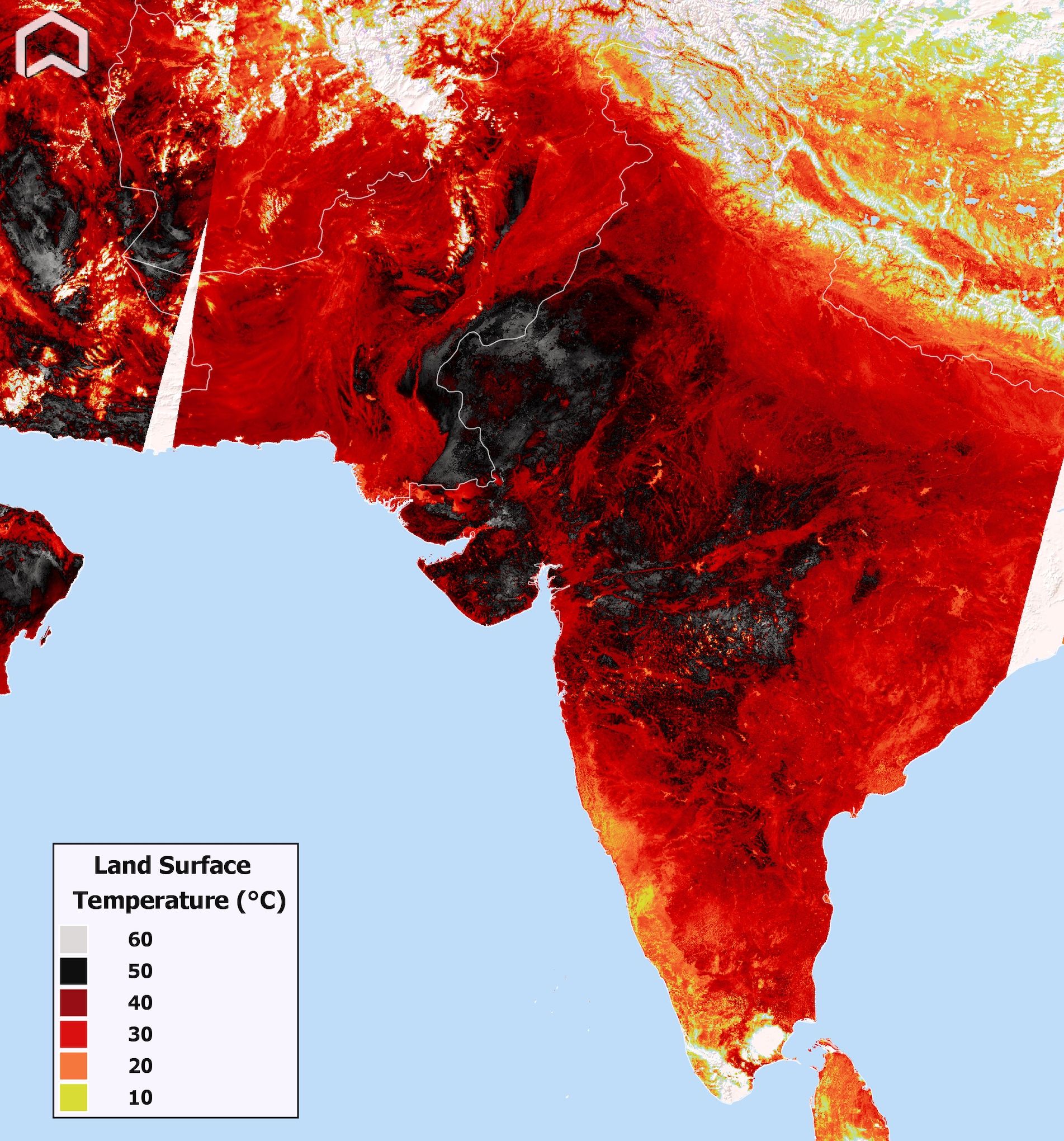 Satellite derived land surface temperatures in India and Pakistan April 29, 2022.