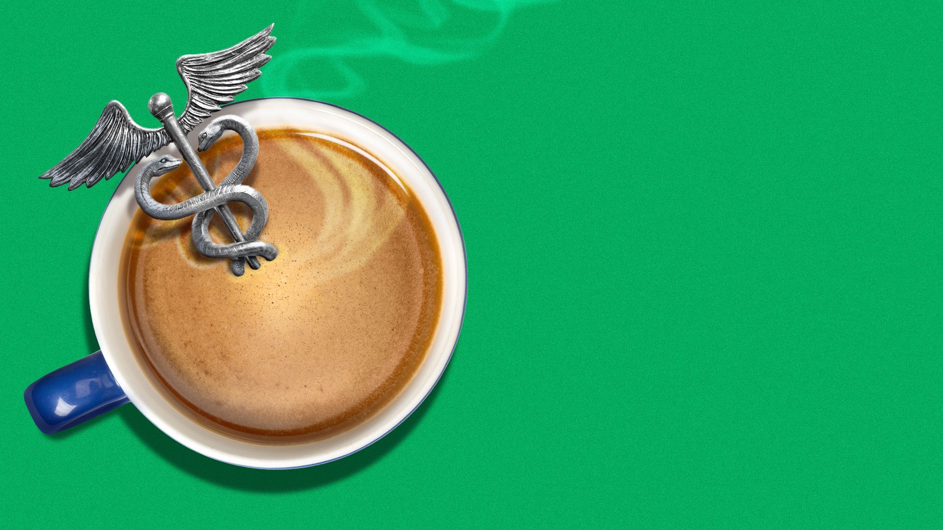 Illustration of a caduceus sitting in a cup of coffee like a spoon