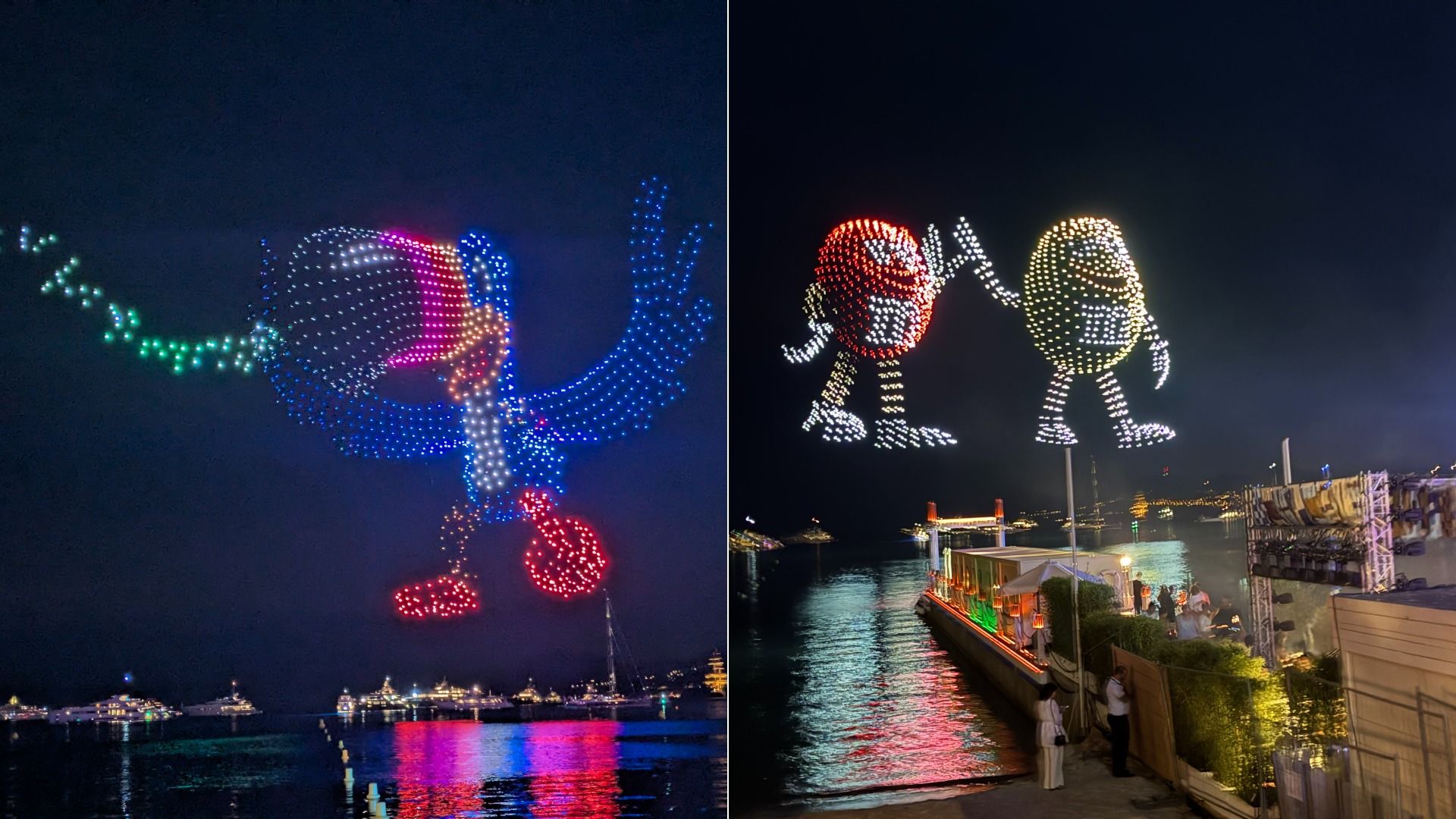 Night scene of two LED light sculptures from a drone show: left shows a colorful dragon made of dots; right shows two humanoid figures in red and yellow connected by a white arc, over a harbor at night.