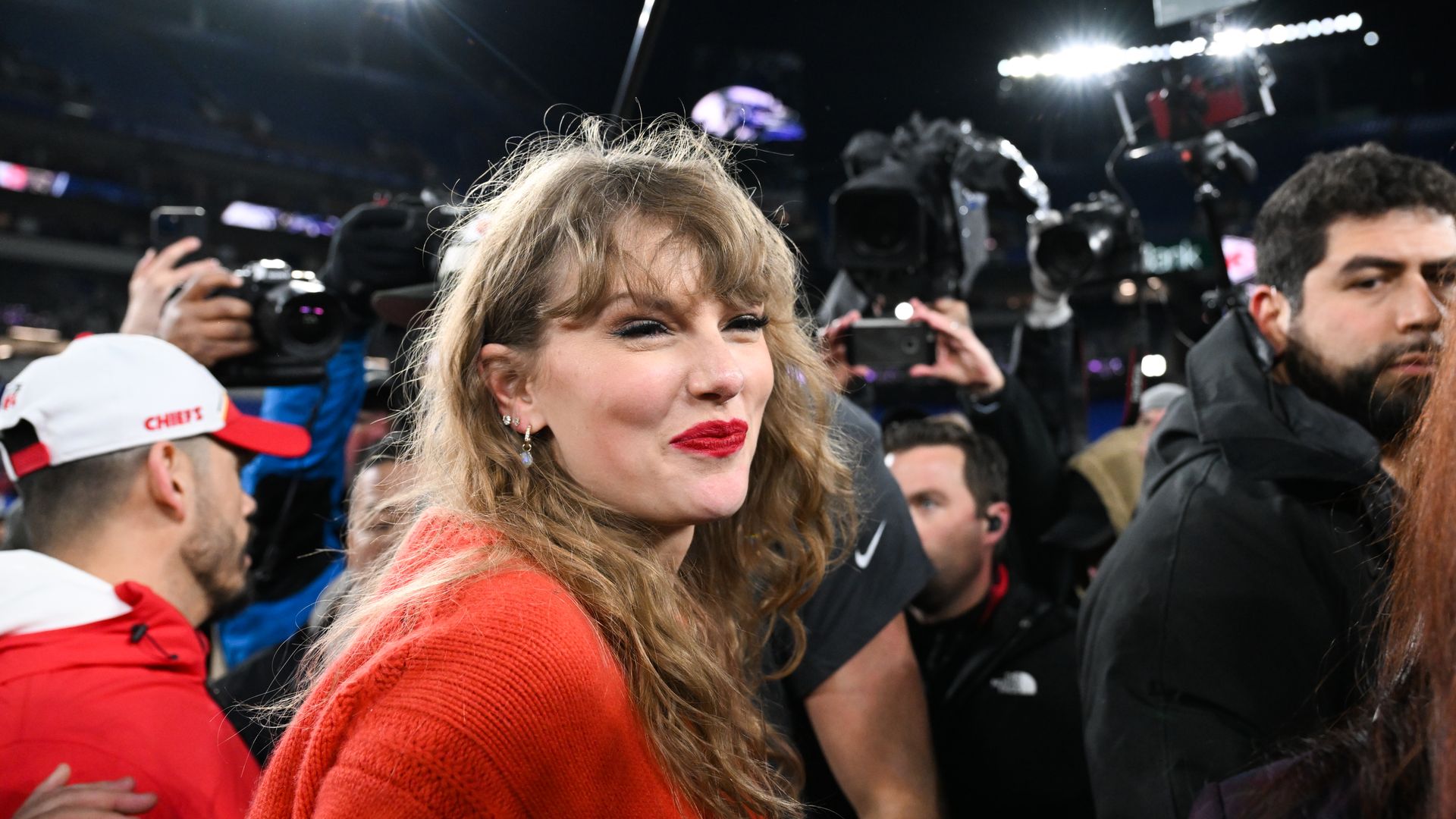 Taylor Swift walks off the field following the AFC Championship between the Kansas City Chiefs and the Baltimore Ravens at M&T Bank Stadium on January 28, 2024 in Baltimore, Maryland.