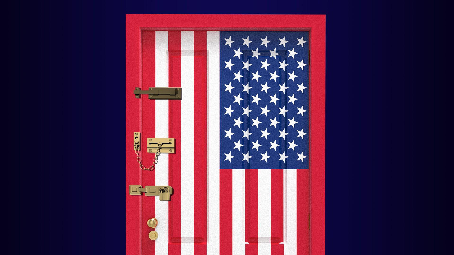 Illustration of a door made of an American flag with multiple locks alongside the edge of the door.