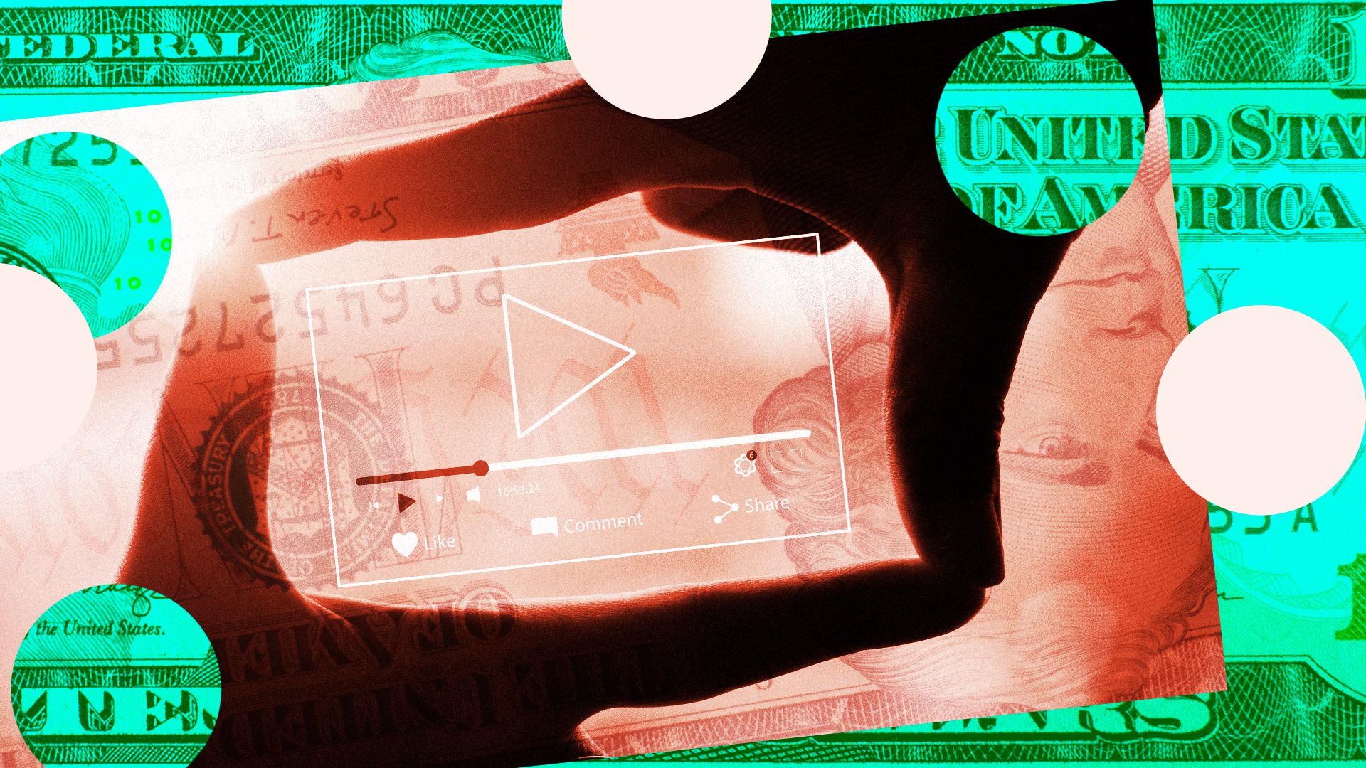 Illustration of hands forming a rectangular frame around a media player interface surrounded by circles and money elements.
