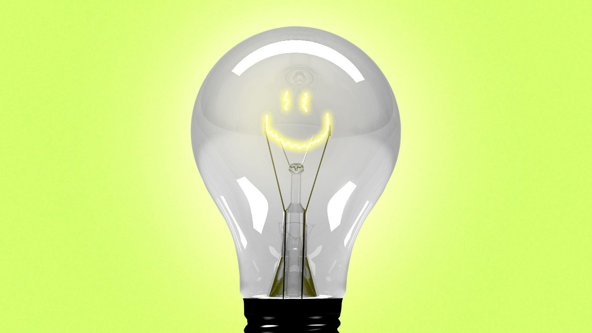 Illustration of a lightbulb with a filament lit in the shape of a smiley face