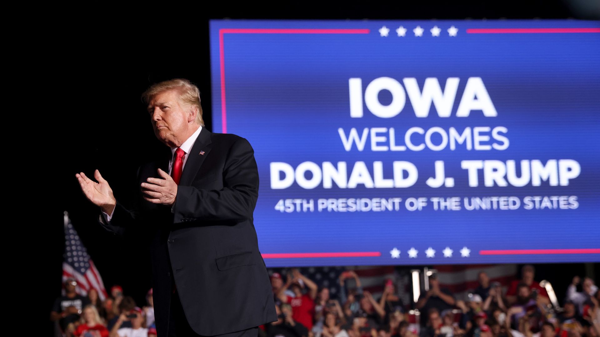 Former President Donald Trump is seen during a rally in Des Moines, Iowa, on Saturday.