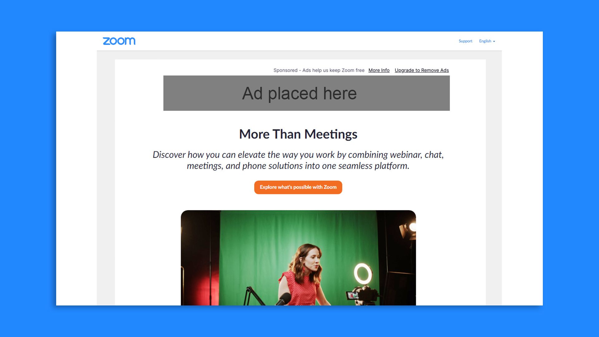 Screenshot of Zoom with a placeholder for future ads