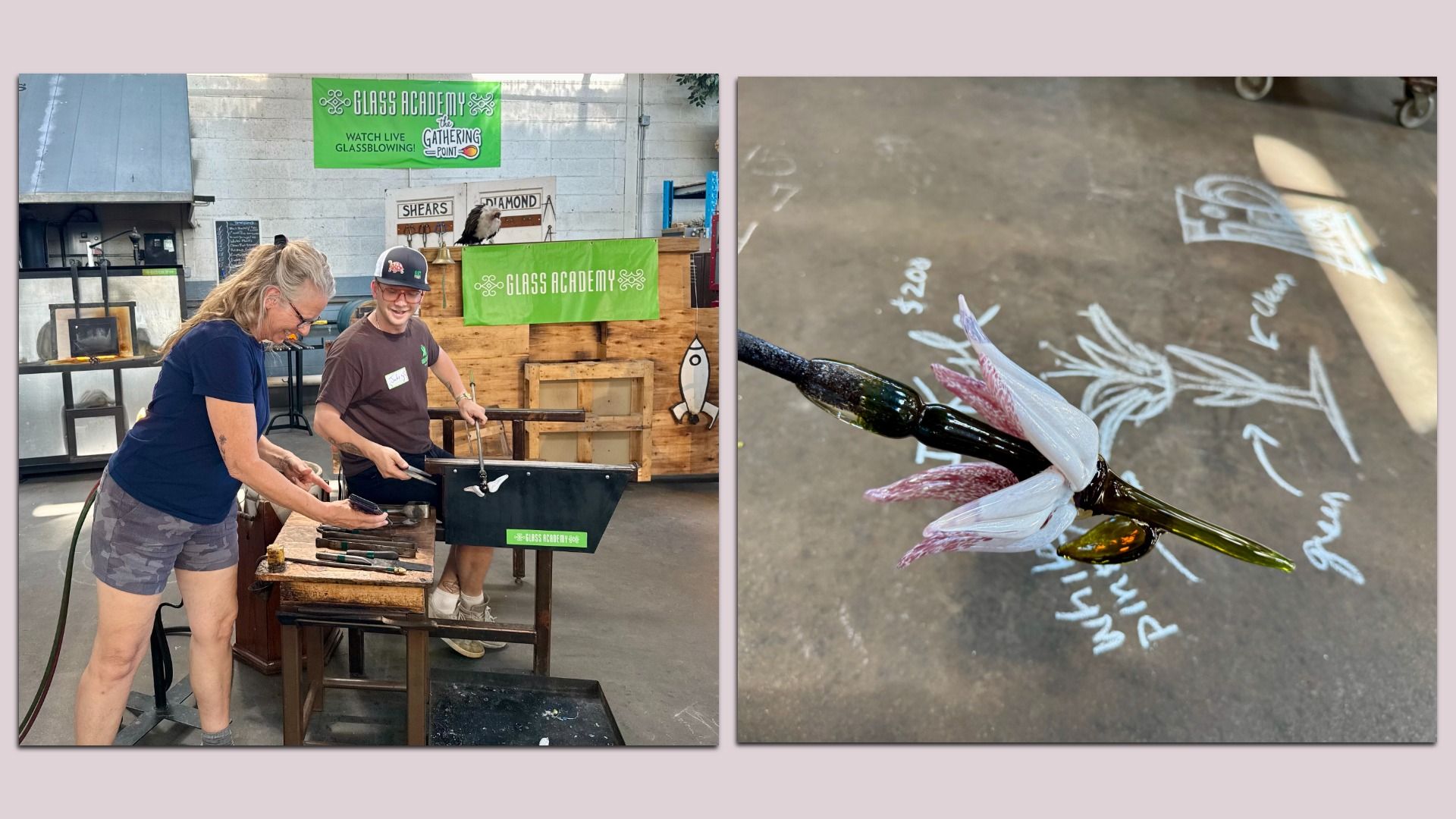 Split image: left shows two people at a glassblowing station with tools and a green "Glass Academy" banner; right shows a close-up of a glass flower with pale pink petals.