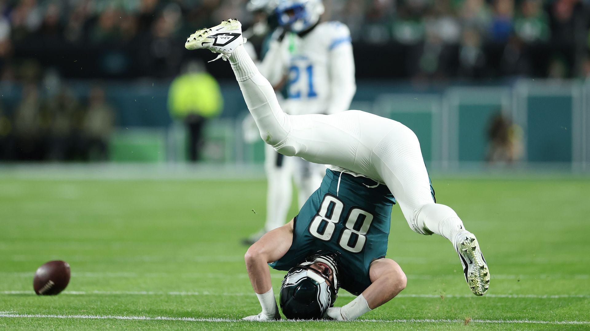 Eagles tight end Dallas Goedert tumbles to the ground after not coming up with a catch against the Lions in Sunday's game at Lincoln Financial Field. 