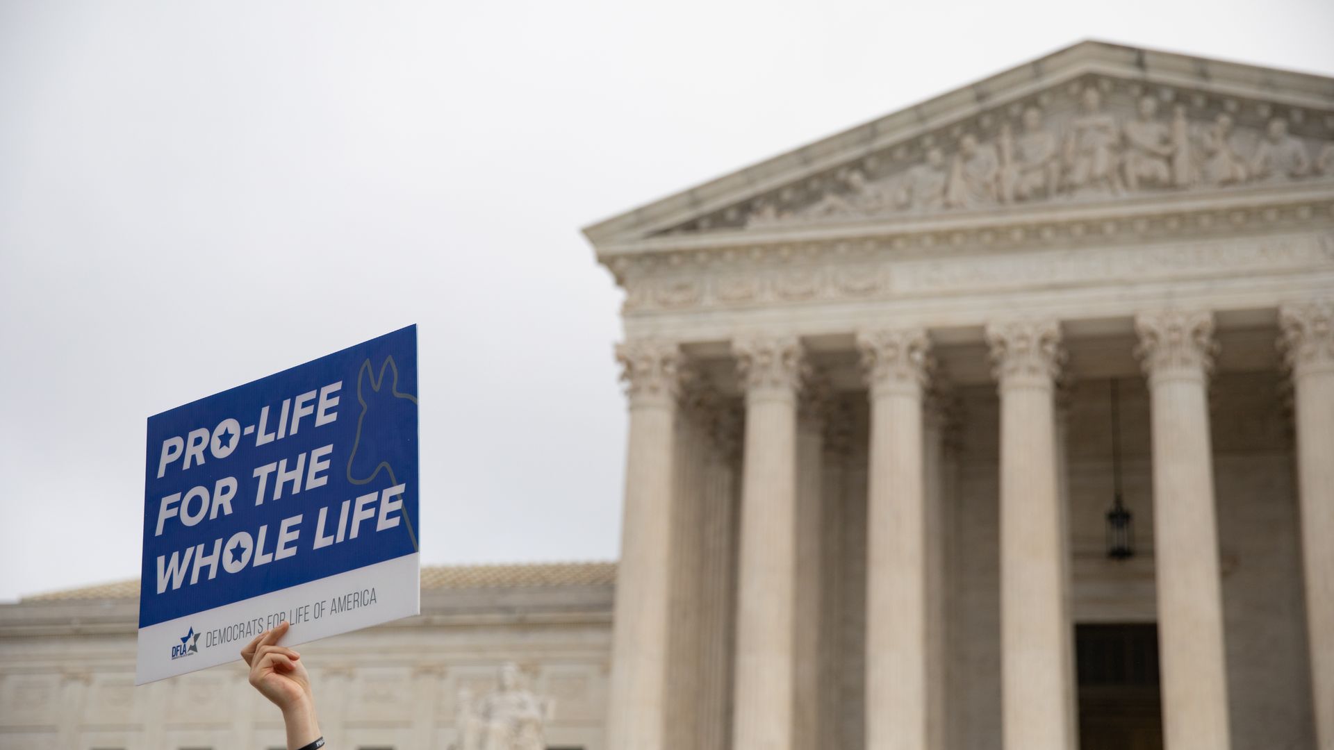 Picture of the Supreme Court building with a protester's hand in front of it holding a sign that says "pro-life for the whole life"